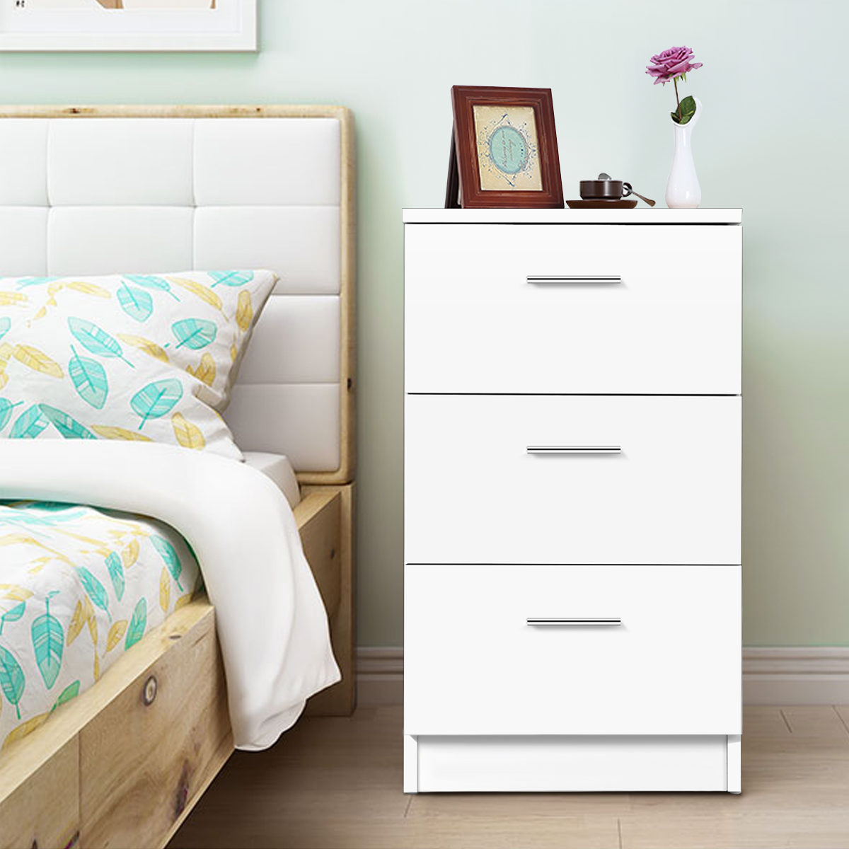 Nachttisch Nachtschrank Schubladenkommode mit 3 Schubkästen Spanplatte 38 x 67 x 35cm Weiß/Schwarz-Weiß