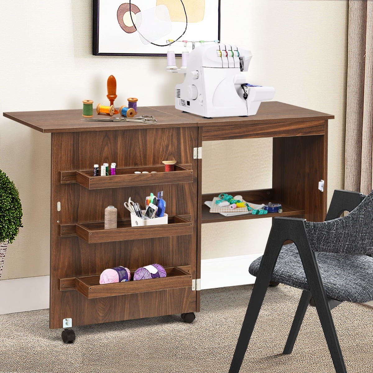 Nähmaschinentisch Faltbar Nähtisch Mehrzwecktisch mit Rollen Braun