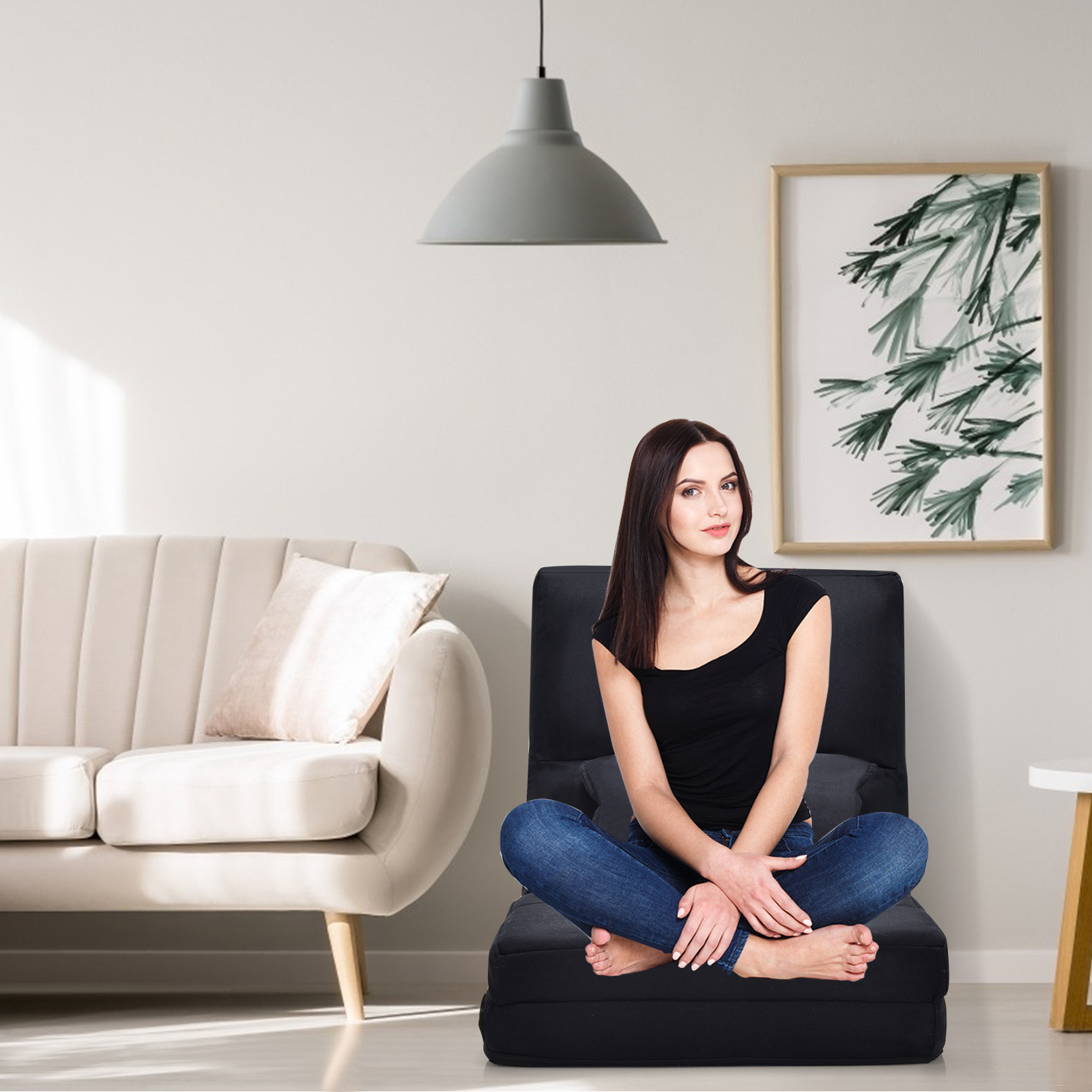 Verstellbarer Bodenstuhl Klappbares Bodensofa mit weichem Kissen Bodensessel Schwarz