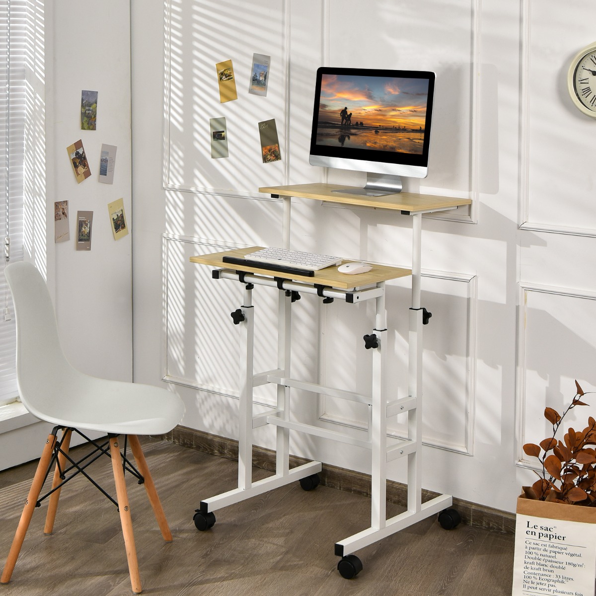 Sitz-Steh-Schreibtisch Stehschreibtisch höhenverstellbar rollender Schreibtisch Weiß + Natur