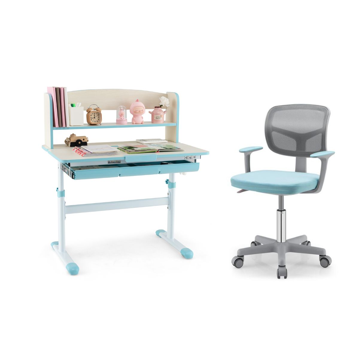 Kinder Höhenverstellbarer Schreibtisch + Computerstuhl Set Studiertisch Kinderstuhl Blau