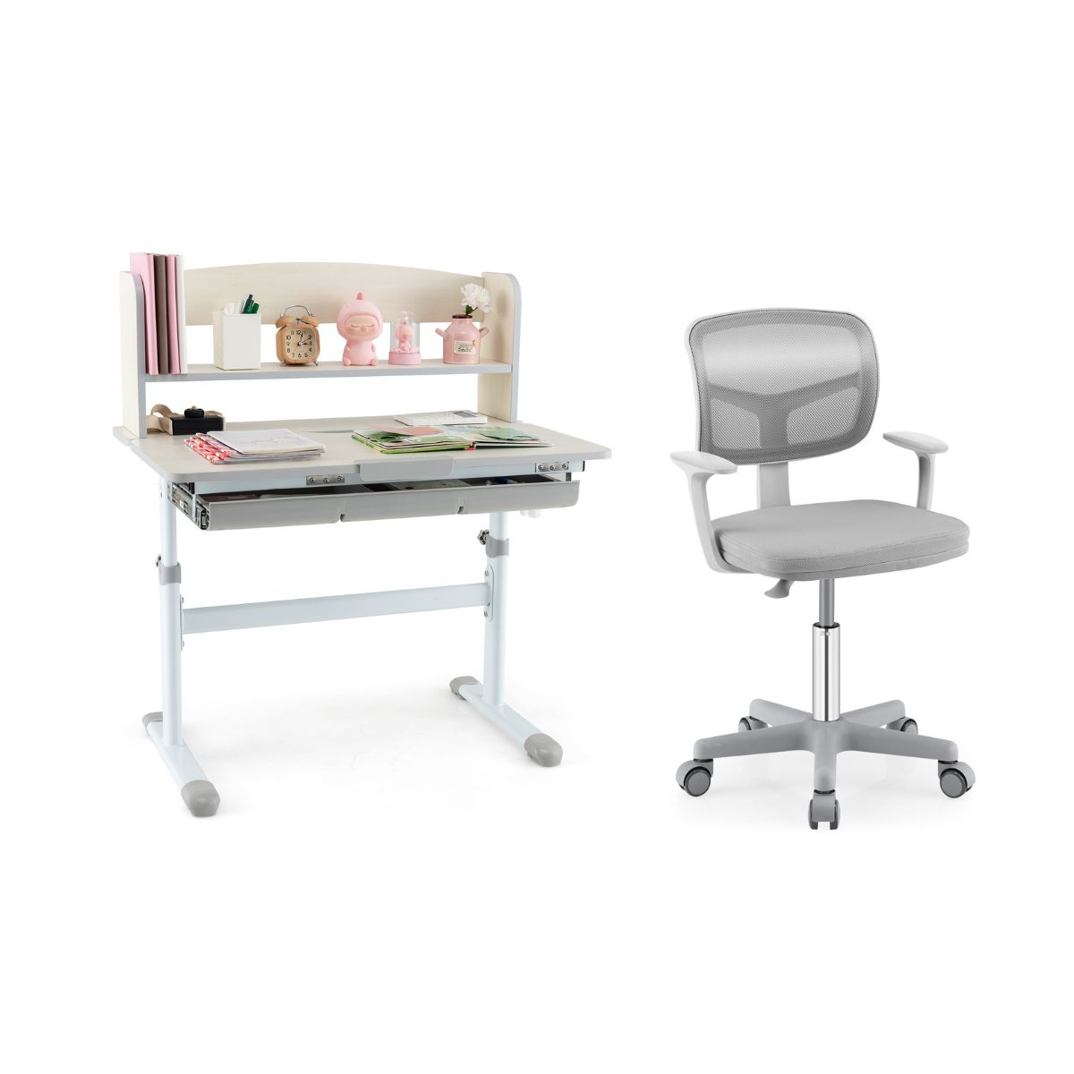 Kinder Höhenverstellbarer Schreibtisch + Computerstuhl Set Studiertisch Kinderstuhl Grau