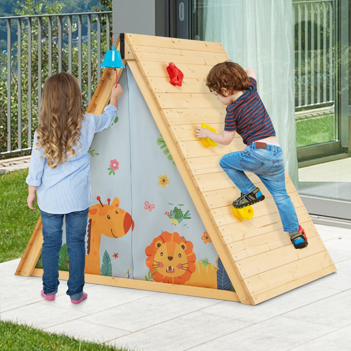 Kinderspielhaus Dreieckiges Spielzelt mit Kletterwand für Kinder 115 x 77 x 100 cm Natur