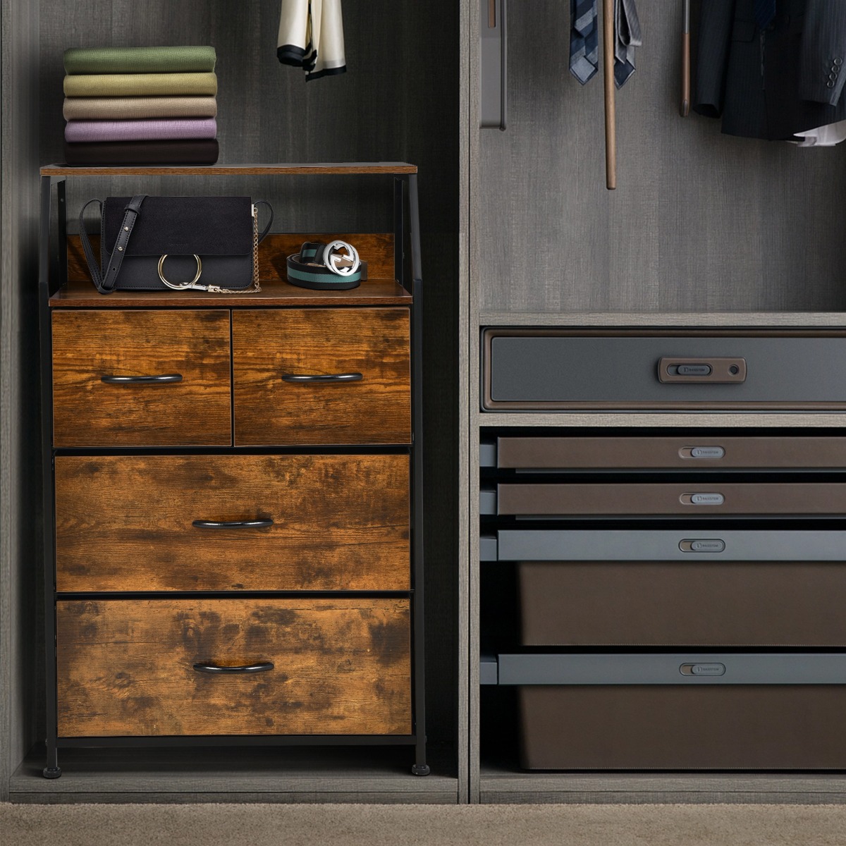 Kommode mit 4 Faltbaren Stoffschubladen & Metallrahmen Industriell Sideboard 60 x 39 x 96 cm