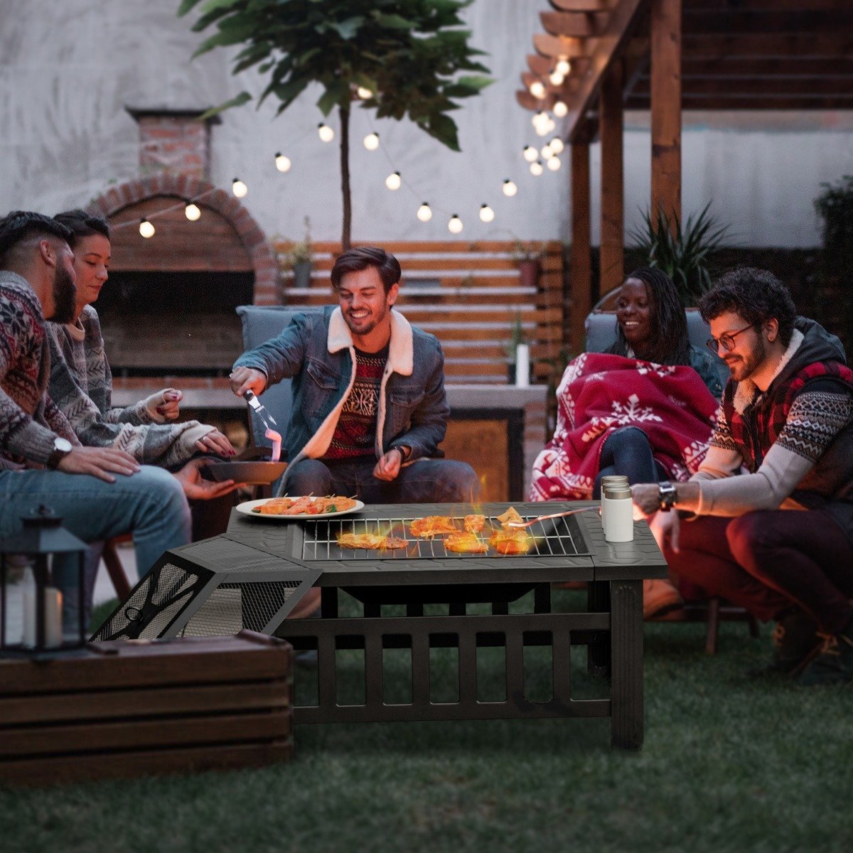 Feuerschale mit Grillrost & Funkenschutz & Schürhaken Feuerkorb Outdoor Feuerstelle