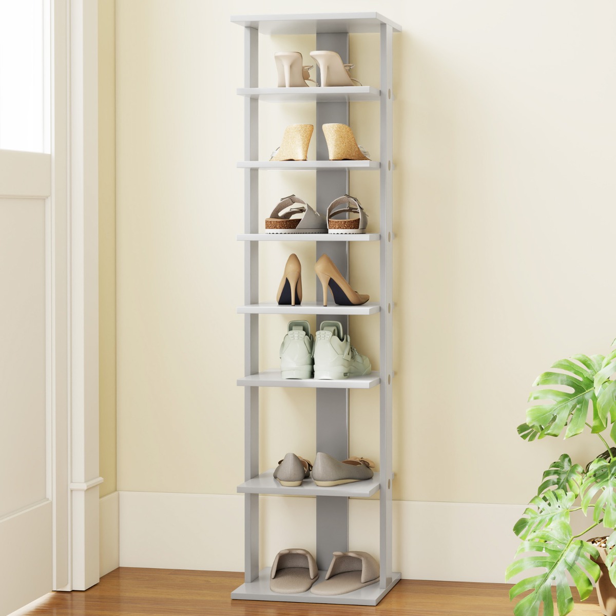 Höheverstellbarer 8 Stufiger Schuhständer aus Holz Platzsparendes Schuhregal Grau