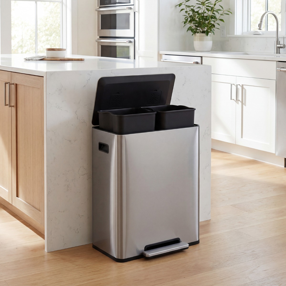 60L Küche Mülleimer aus Edelstahl mit Pedal & Softclose Deckel 2 Fächer Mülltrennsystem Silber