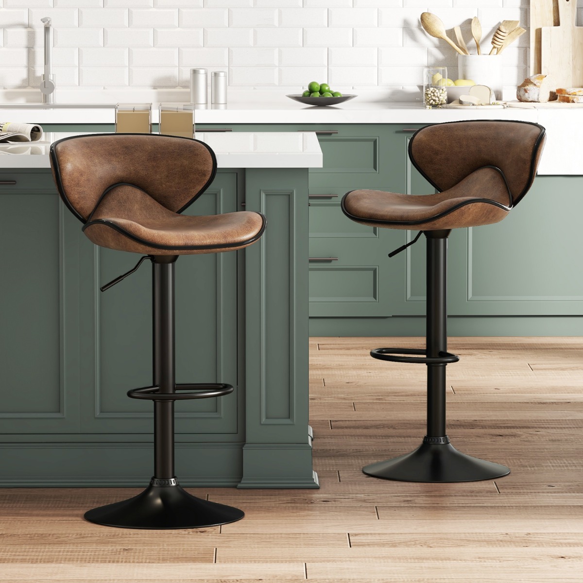 2er Set Drehbare Barhocker mit Rückenlehne & Fußstütze Barstühle Sitzhocker Rustikales Braun