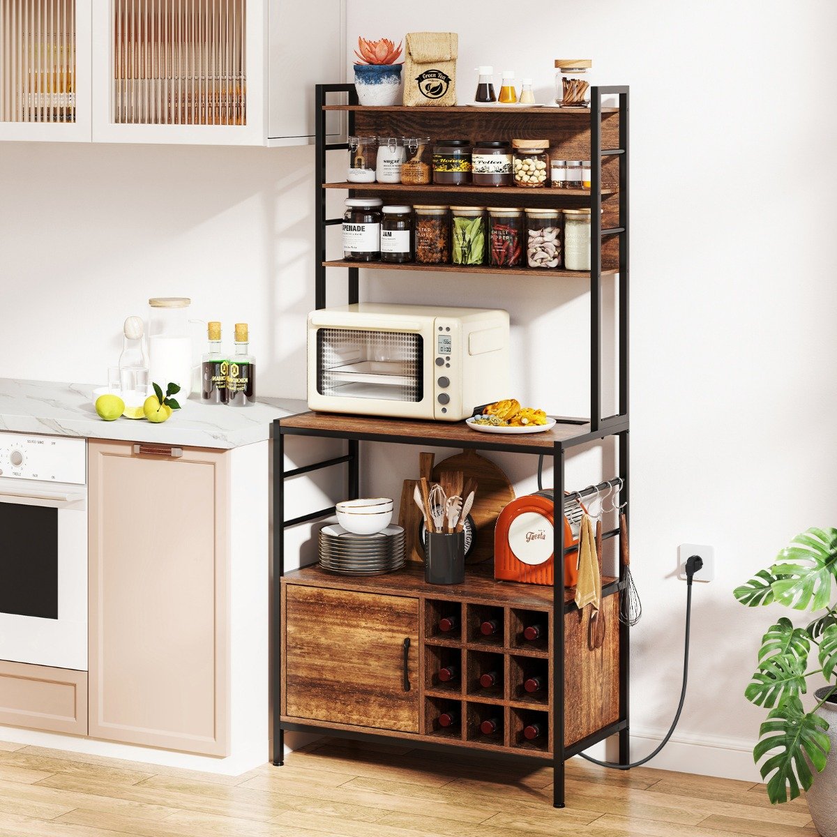 Küchenregal mit Steckdose Weinregal für 9 Flaschen Standregal mit Schrank Braun