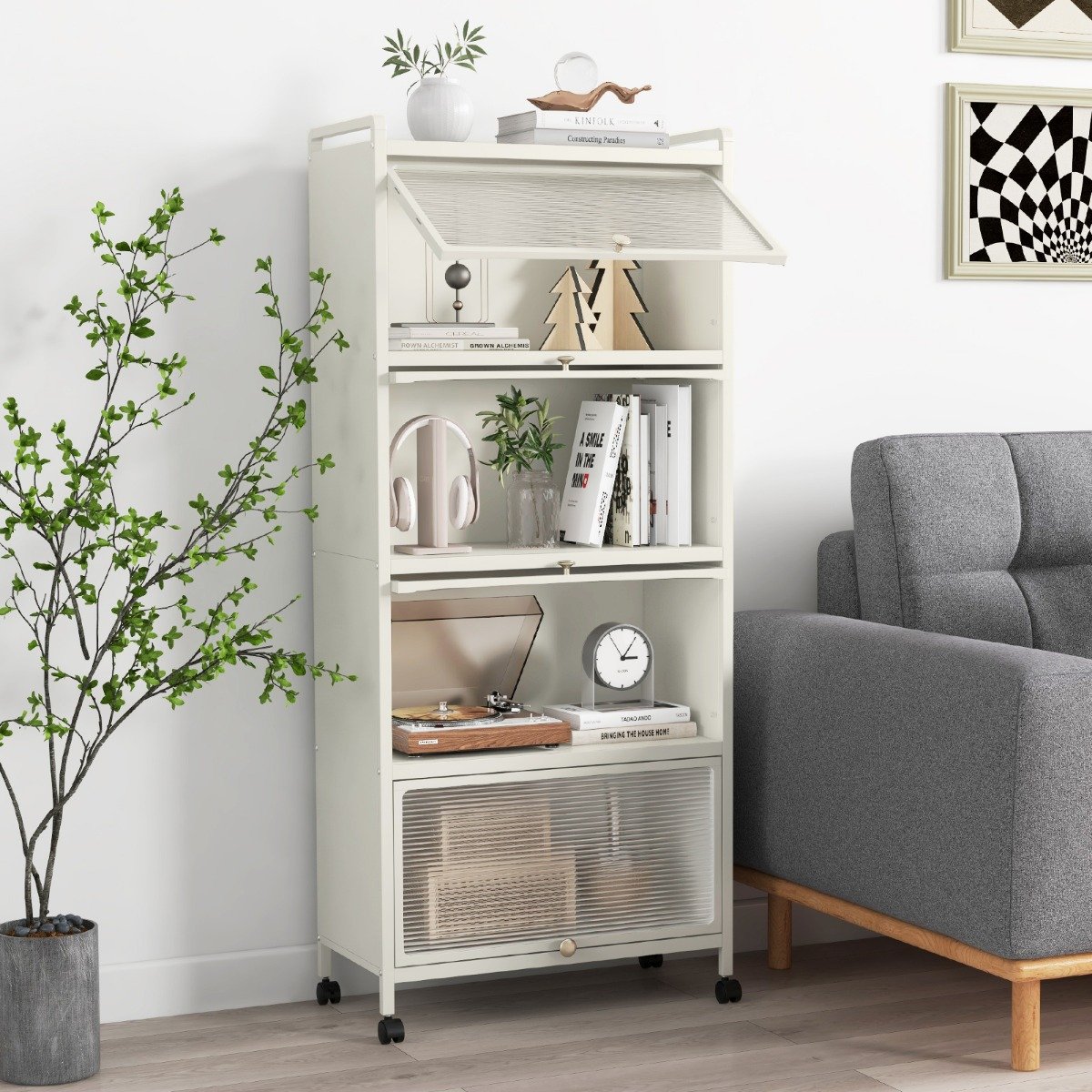 Küchenregal mit Rollen Mobiler Mikrowellenständer mit Aufklappbaren PC-Türen 60 x 32 x 154 cm Weiß