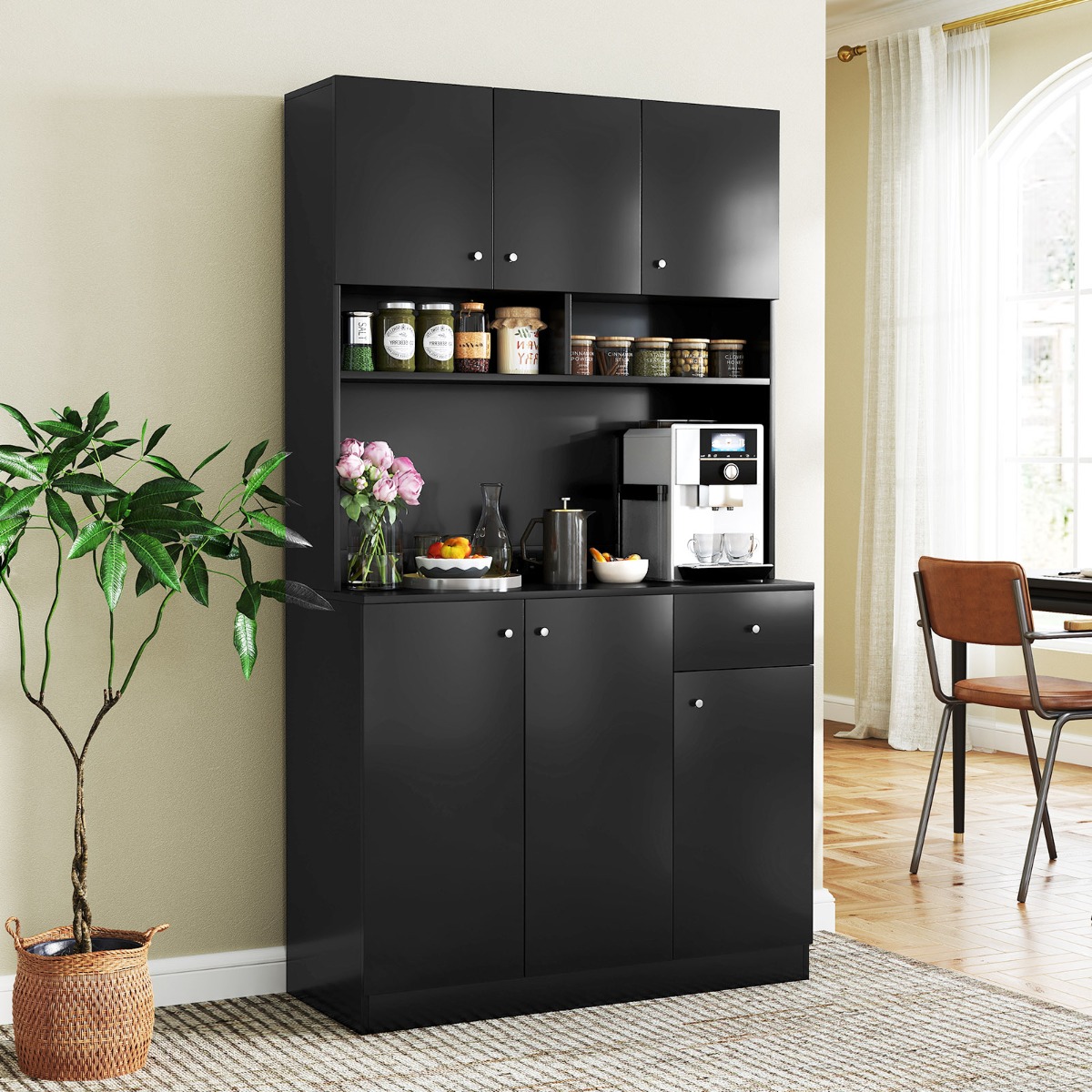 Holz Küchenschrank mit Steckdosen & USB-Anschlüsse & Type C Buffetschrank Hochschrank Schwarz