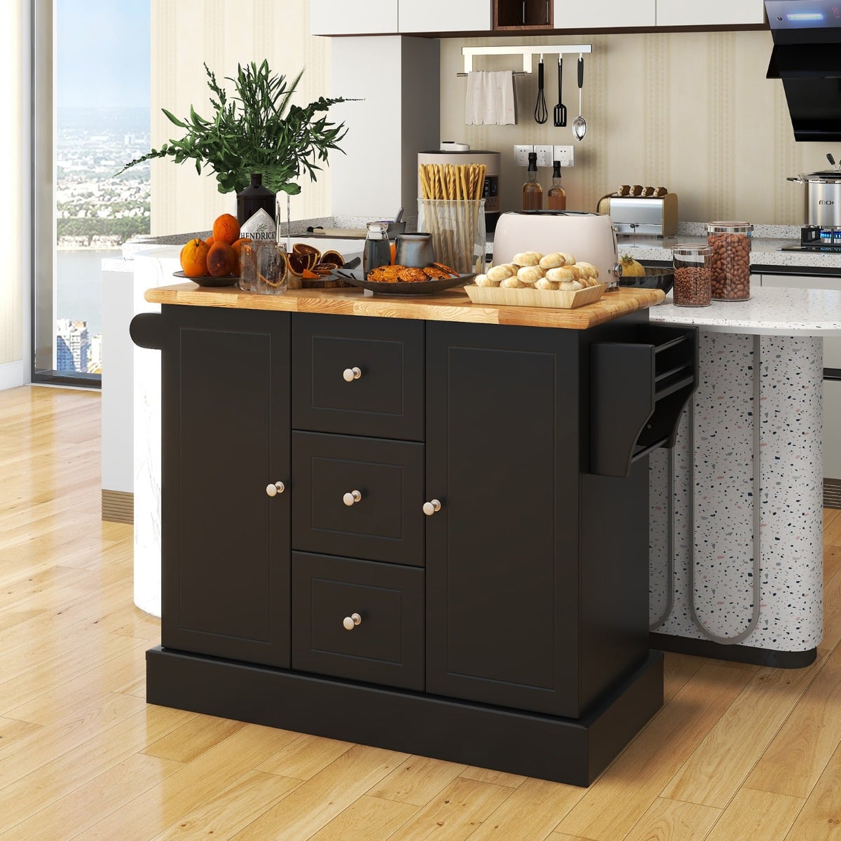 Kücheninsel auf Rädern mit Arbeitsplatte aus Gummiholz & Verstellbaren Regalen Küchenwagen Schwarz