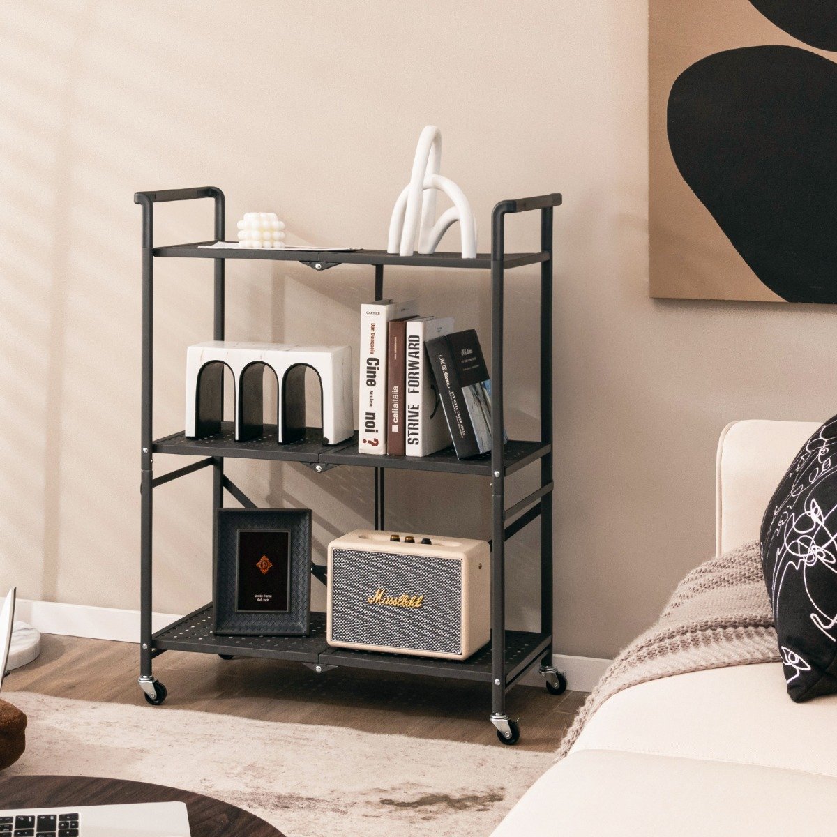 Klappbare Servierwagen mit 4 Rollen 3 Etagen Metallregal für Küche Büro Schwarz