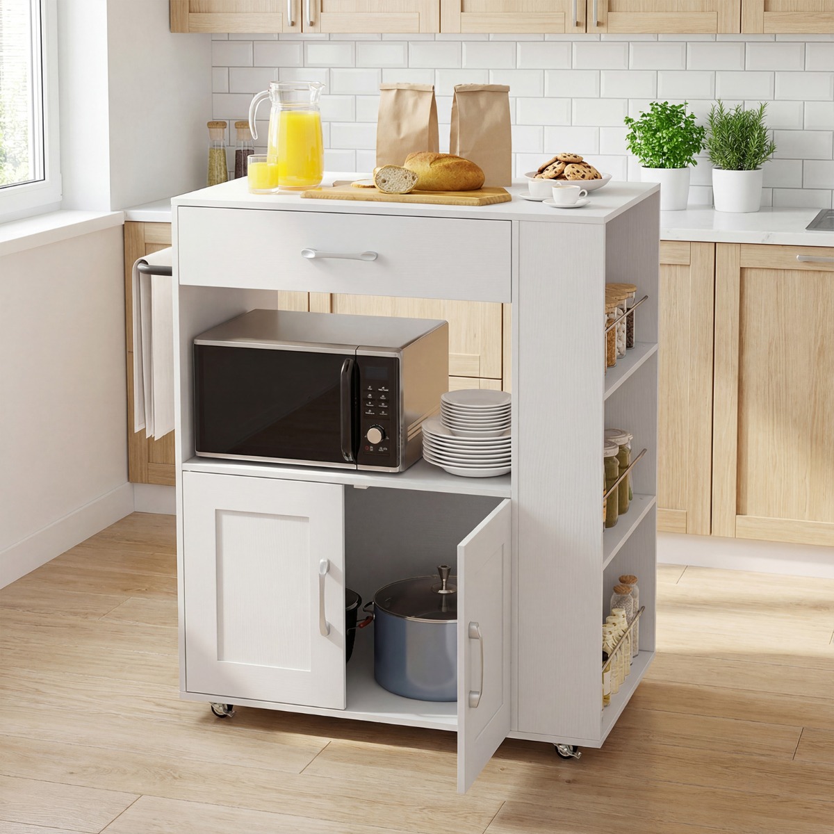 Küchenwagen auf Rollen mit Arbeitsplatte & Schublade & Handtuchhalter & 3 Gewürzregalen Weiß