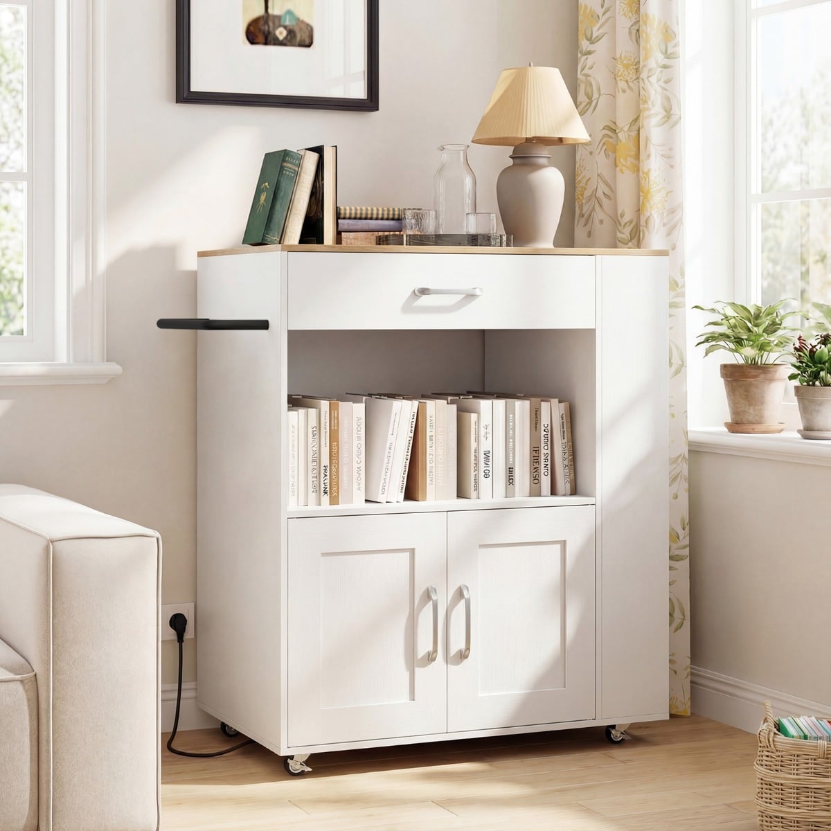 Küchenwagen auf Rollen mit Ladestation & Arbeitsplatte & Schublade & 3 Gewürzregalen Weiß + Natur