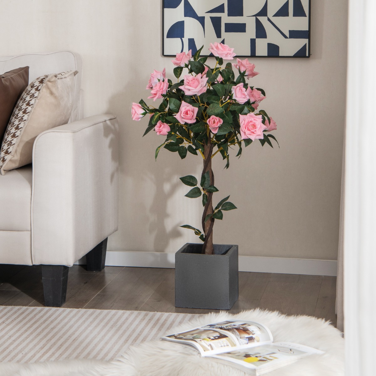 93 cm Rosenbaum mit 21 Kiefernrosen & Natürlicher Stamm Kunstbaum mit Blüten