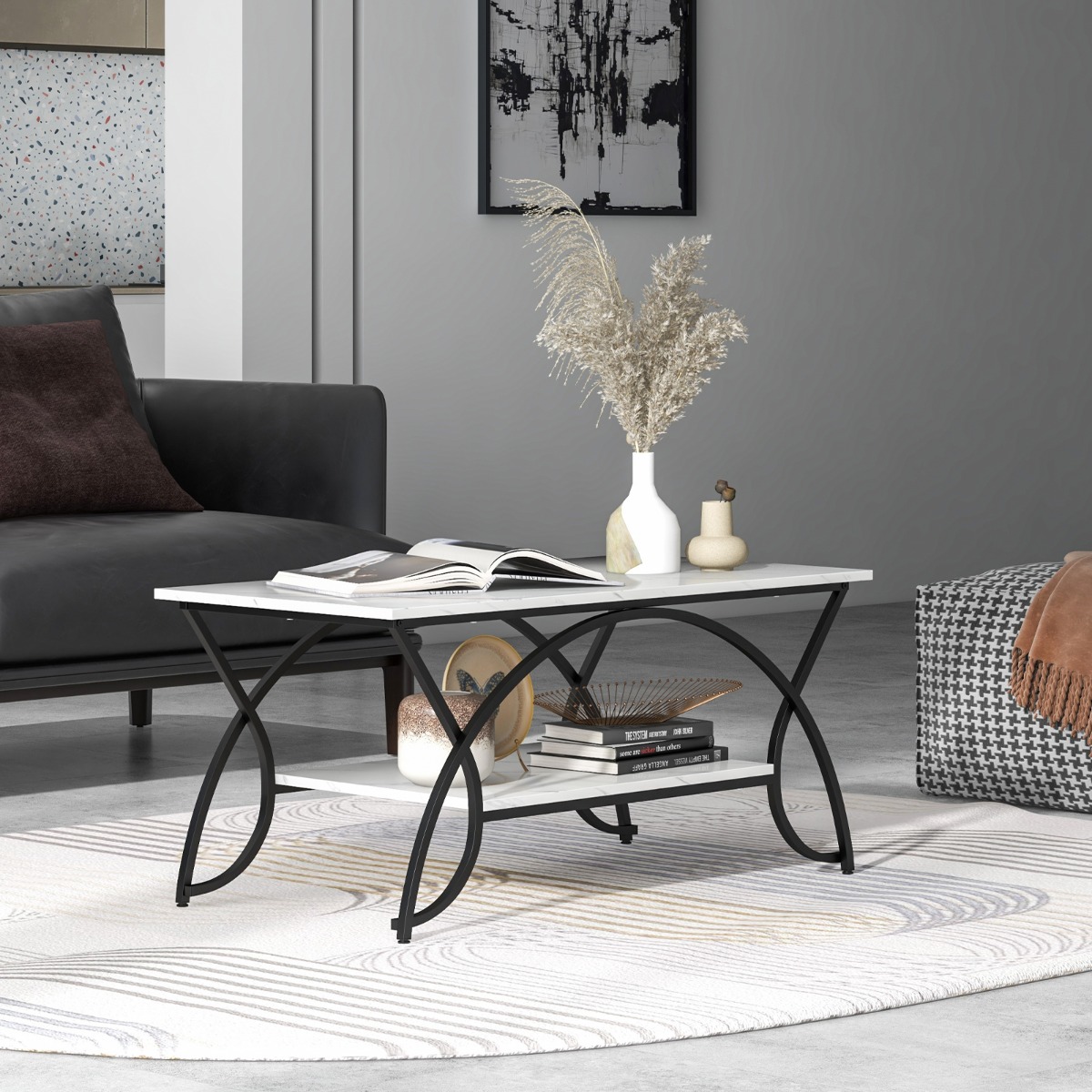 Couchtisch mit Marmoroptik Moderner Sofatisch aus Kunstmarmor 100 x 50 x 45 cm Weiß Schwarz