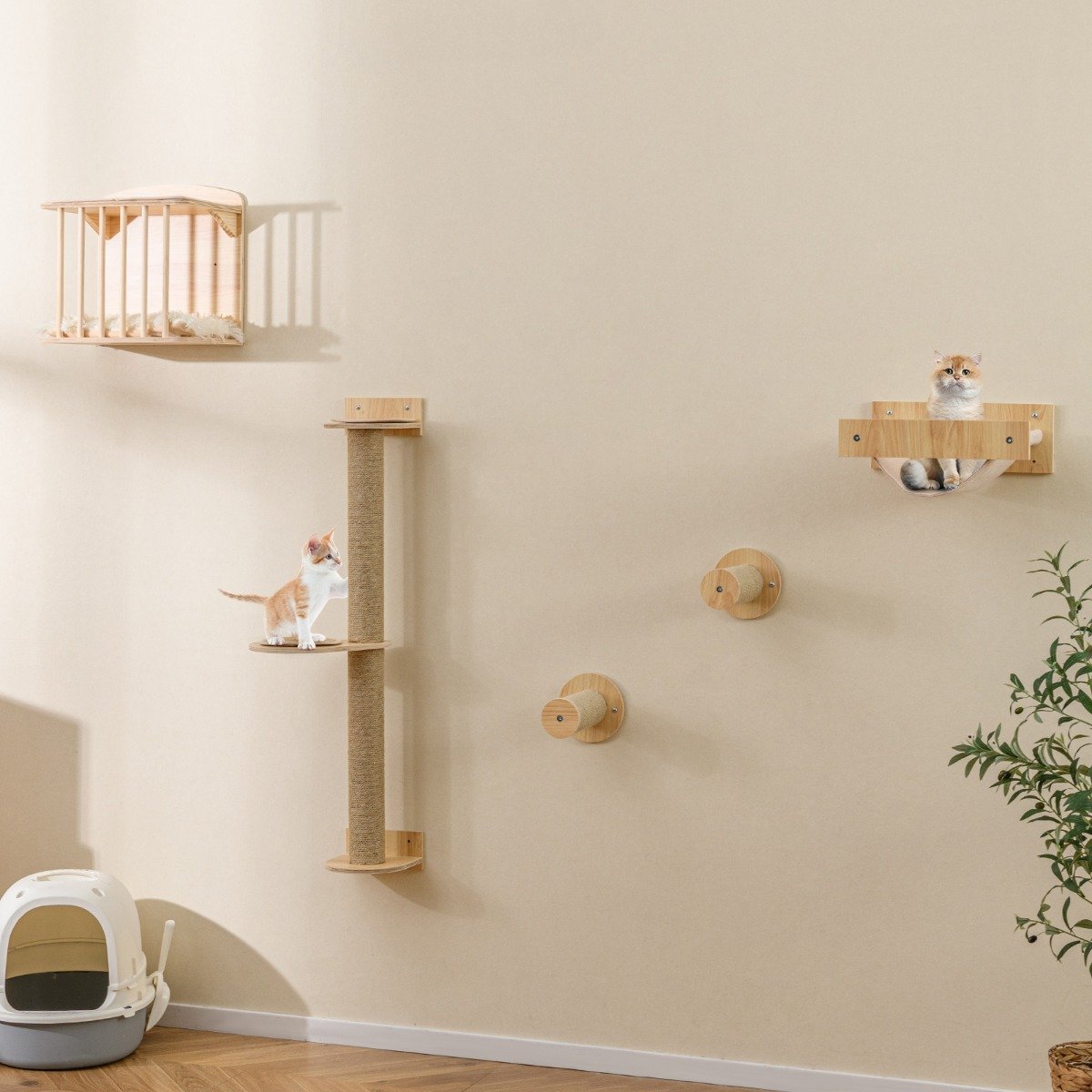 5 PCS Katzen Kletterwand Kratzbaum mit Plattformen & Sisalpfosten Katzenhaus mit Katzenbett