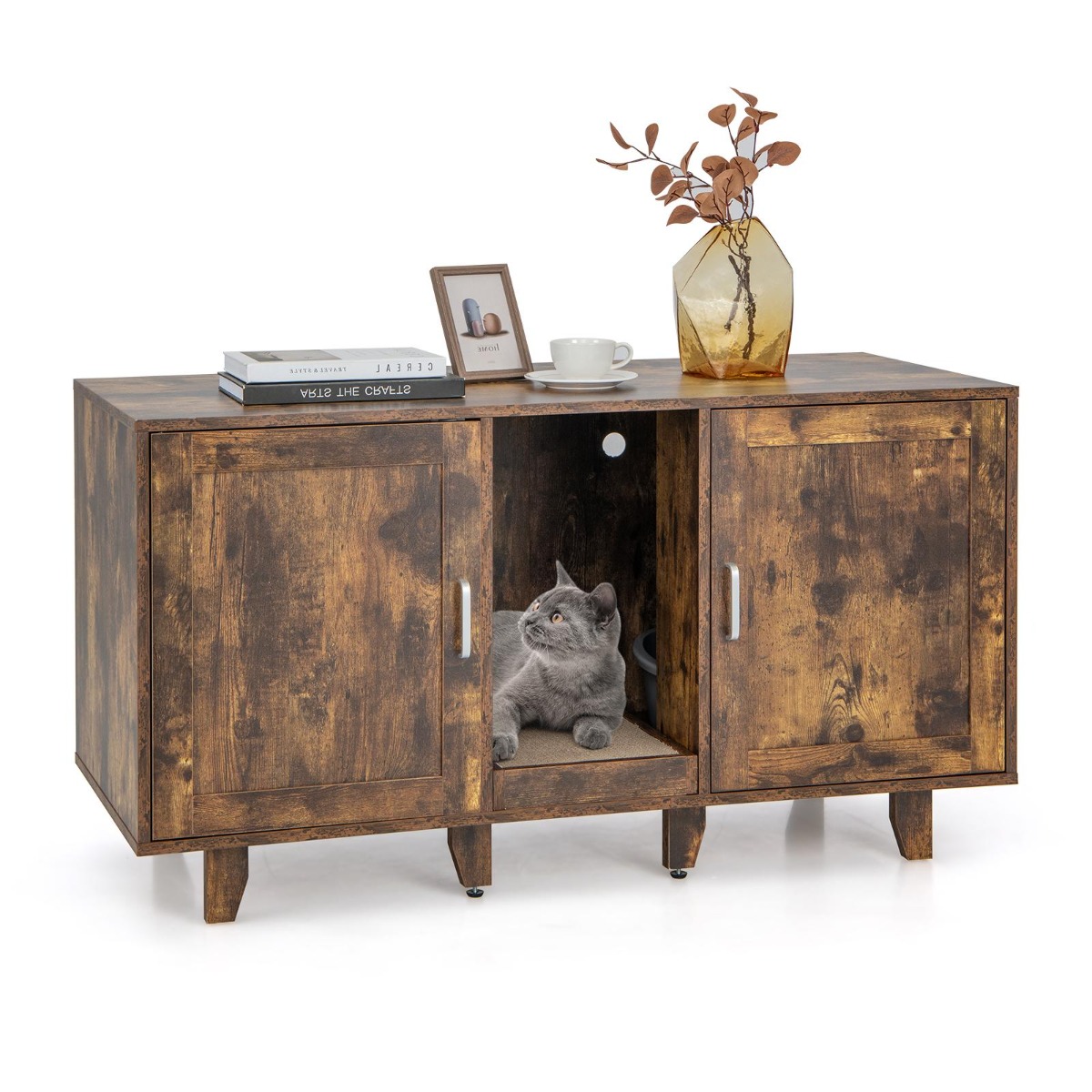 Katzenschrank für Katzentoilette mit 2 Türen & Kratzbrett & Eingang 120 x 52 x 65 cm Vintage