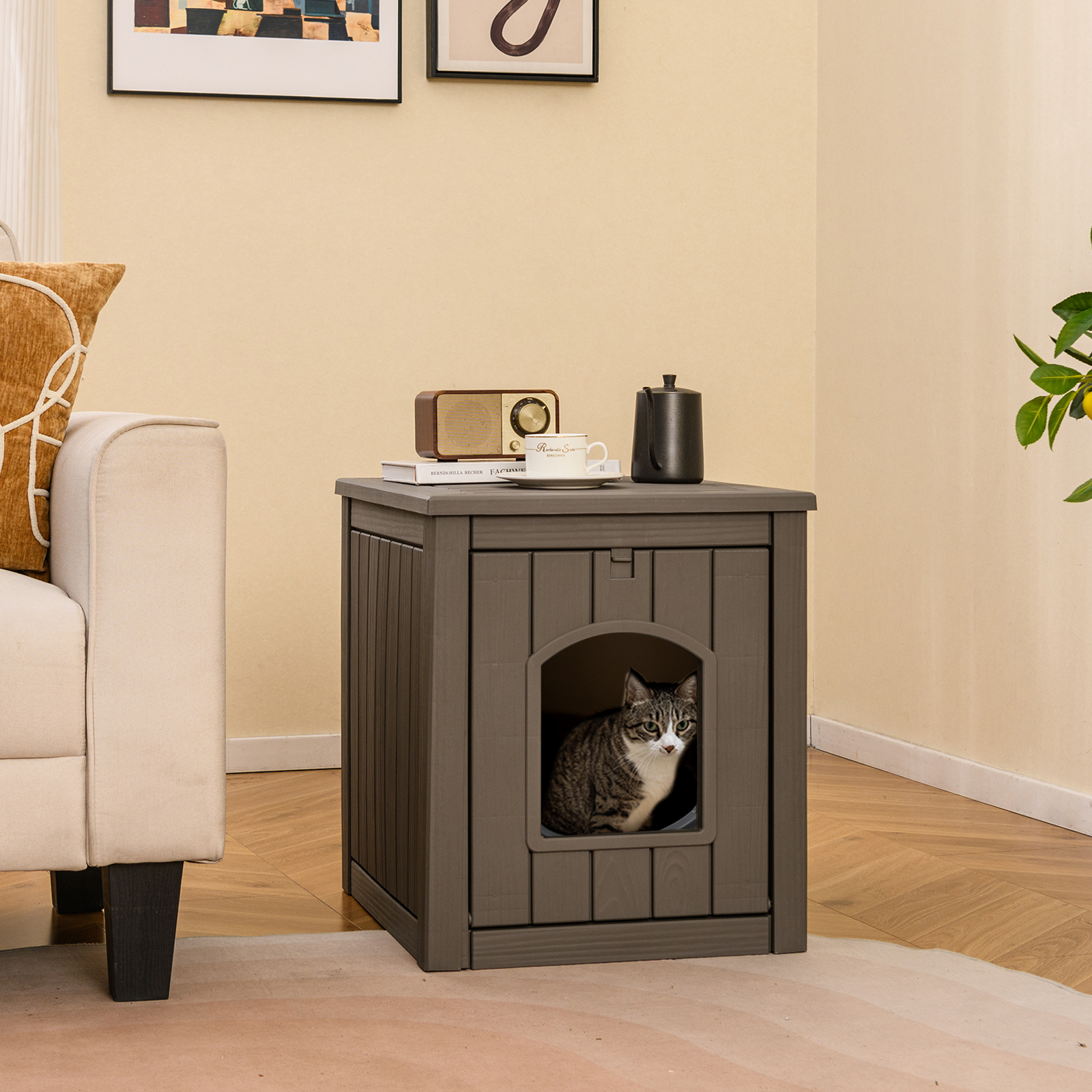 Katzenhaus mit Klapptür & Erhöhtem Boden Katzenklo Schrank aus PP Katzentoilette Grau