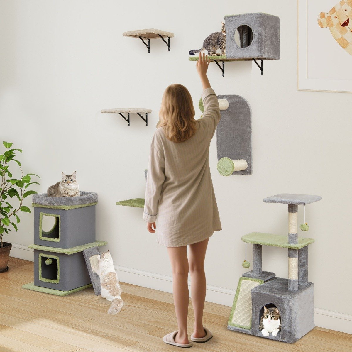 3-in-1 Katzenmöbelset Katzenaktivitätszentrum mit Katzenhaus 3-stufiger Kratzbaum Grau