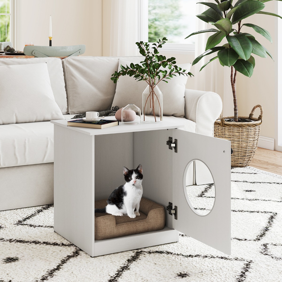 Katzenschrank Katzenklo Schrank Katzentoilette mit Tür & großem Eingang Weiß 51 x 47 x 57 cm