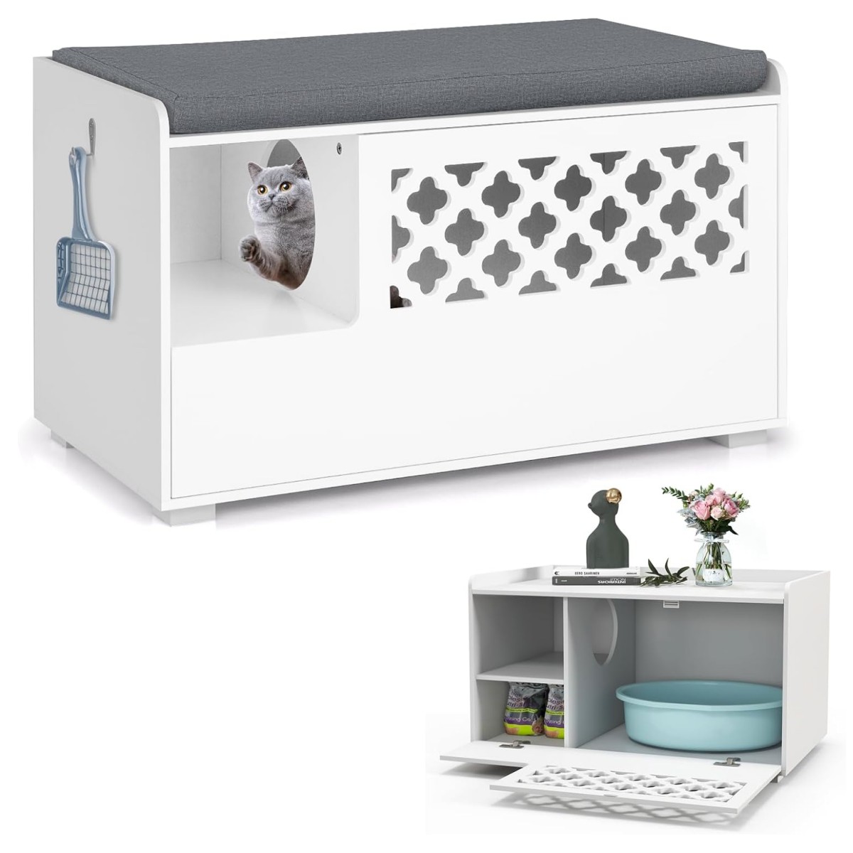 Gehäuse für Katzentoiletten multifunktionaler Katzenschrank mit abnehmbarem Kissen innerem Katzenloch und Frontklappe