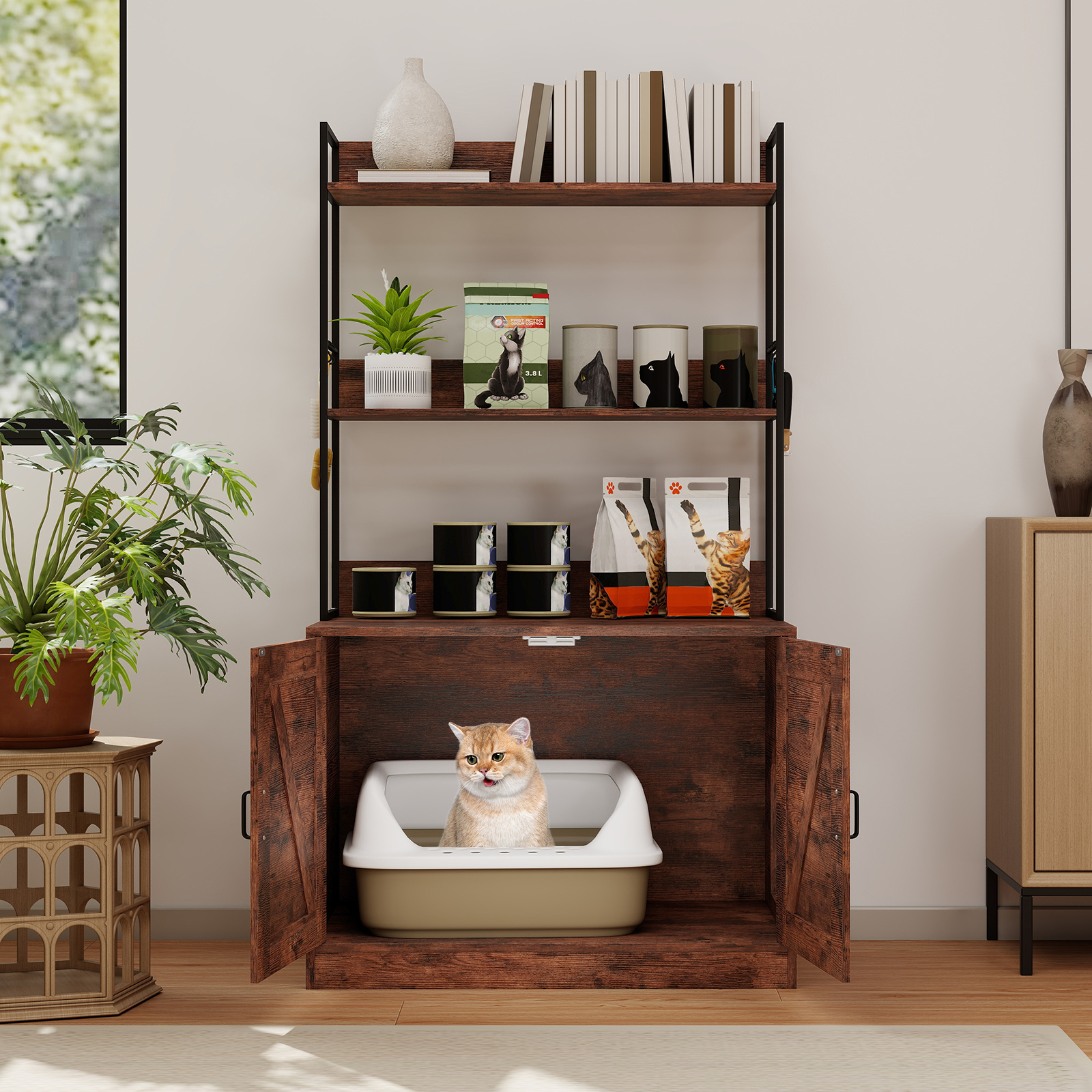 Katzenschrank für Katzentoilette mit Bücherregal Katzenklo Schrank Katzenhaus mit Eingang Braun