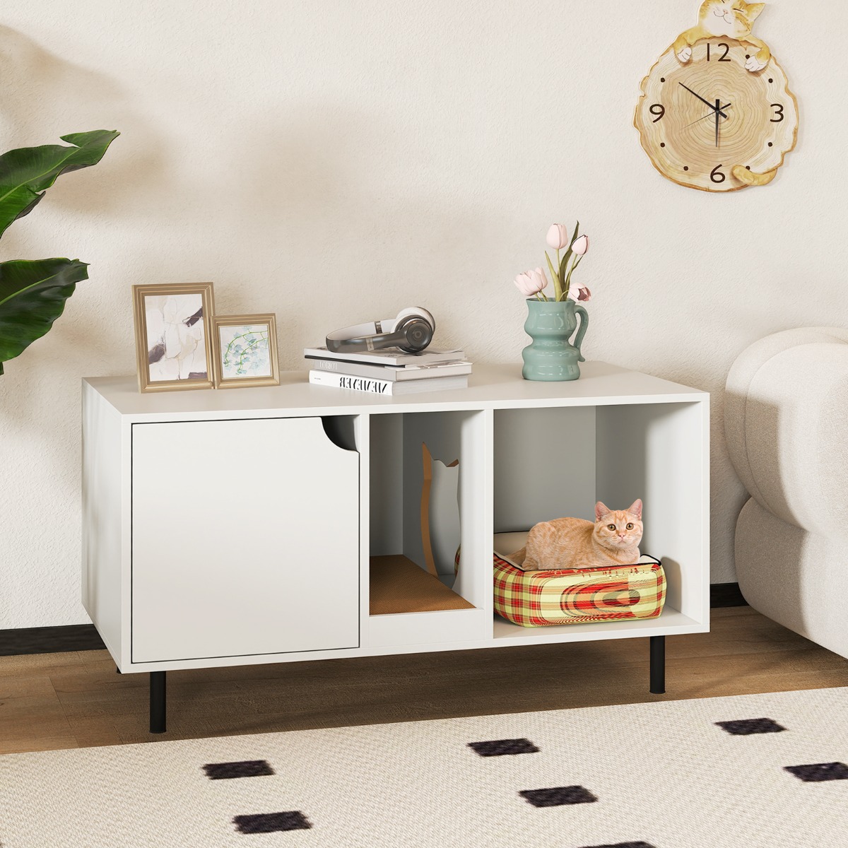 Katzenstreu-Box Verkleidung für 2 Katzen mit Abnehmbarem Kratzbrett Eingang in Katzenform bis 120 kg belastbar