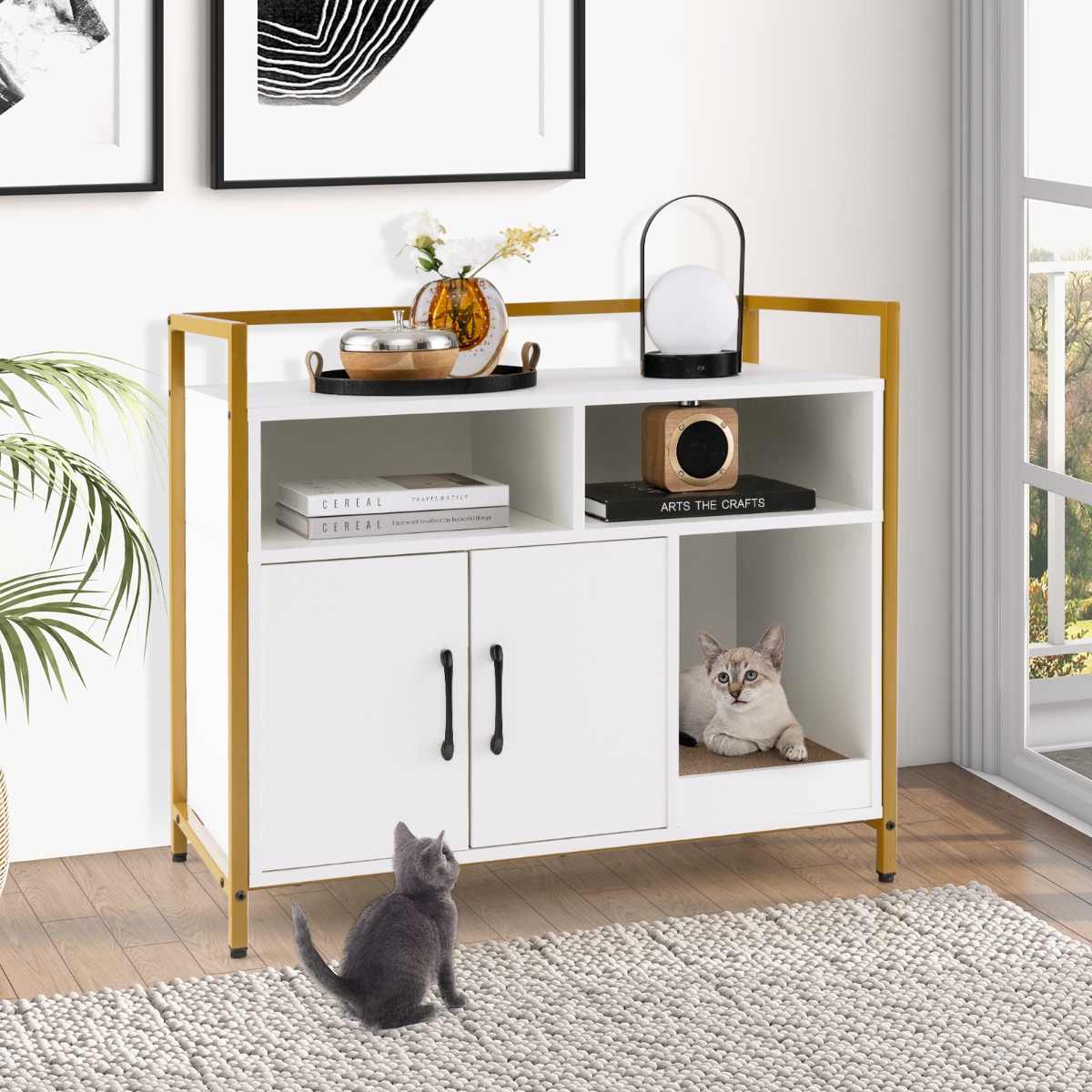 Gehäuse für Katzentoilette Katzenschrank mit Doppeltüren & Kratzunterlage 89 x 45 x 74,5 cm Weiß
