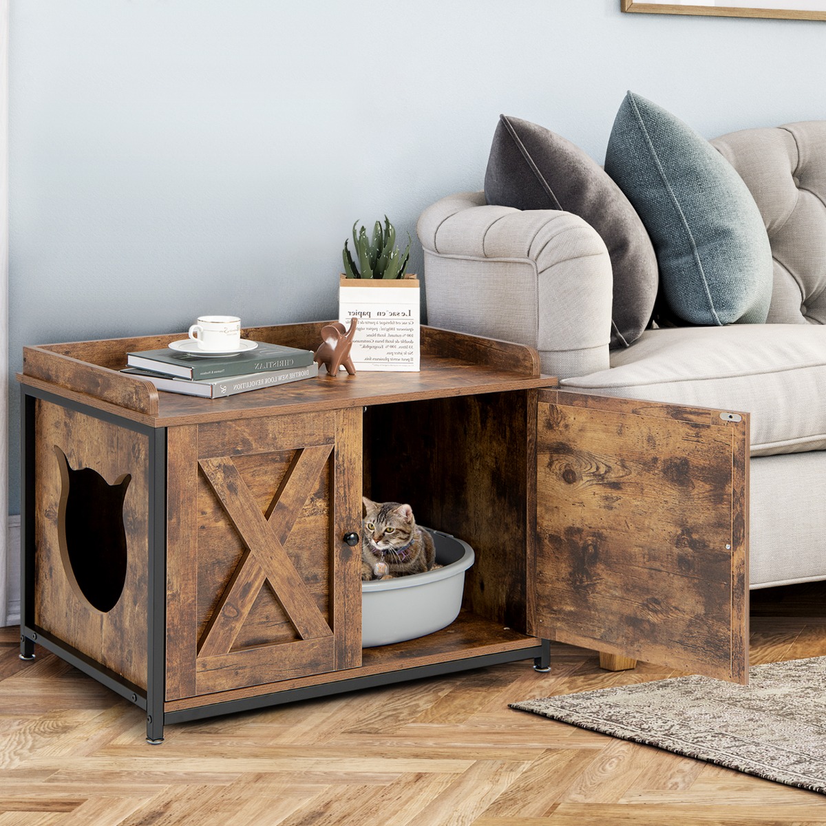 Industrielle Katzentoiletten-Gehäuse mit Doppeltüren & verstellbaren Fußpolstern Braun