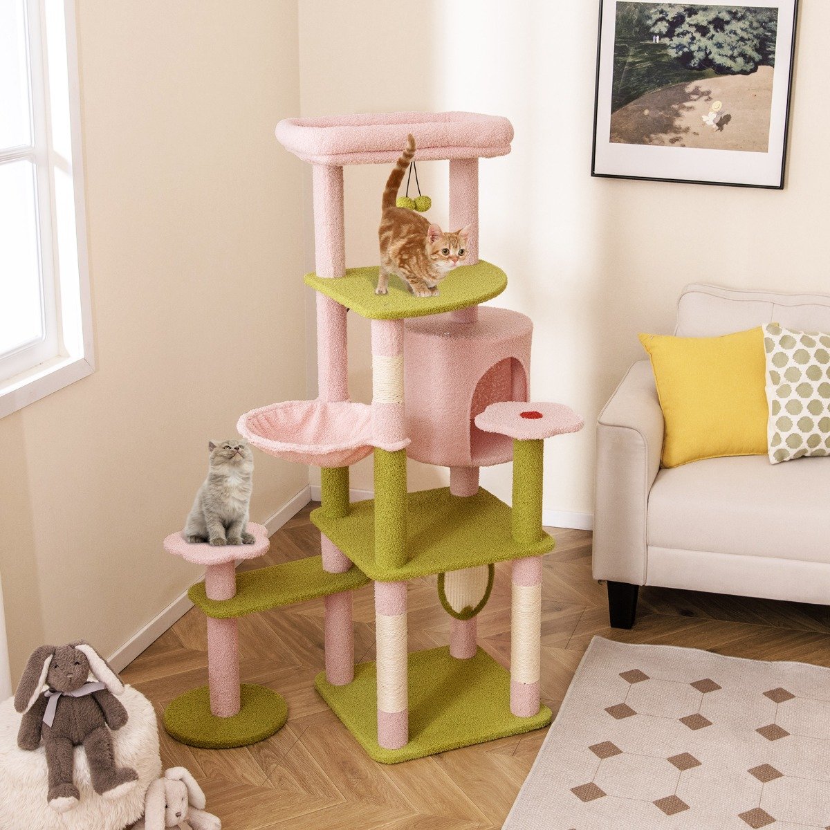 Kratzbaum mit Blumenmuster & Plüschgepolsterter Plattform & Katzenhaus Katzenbaum