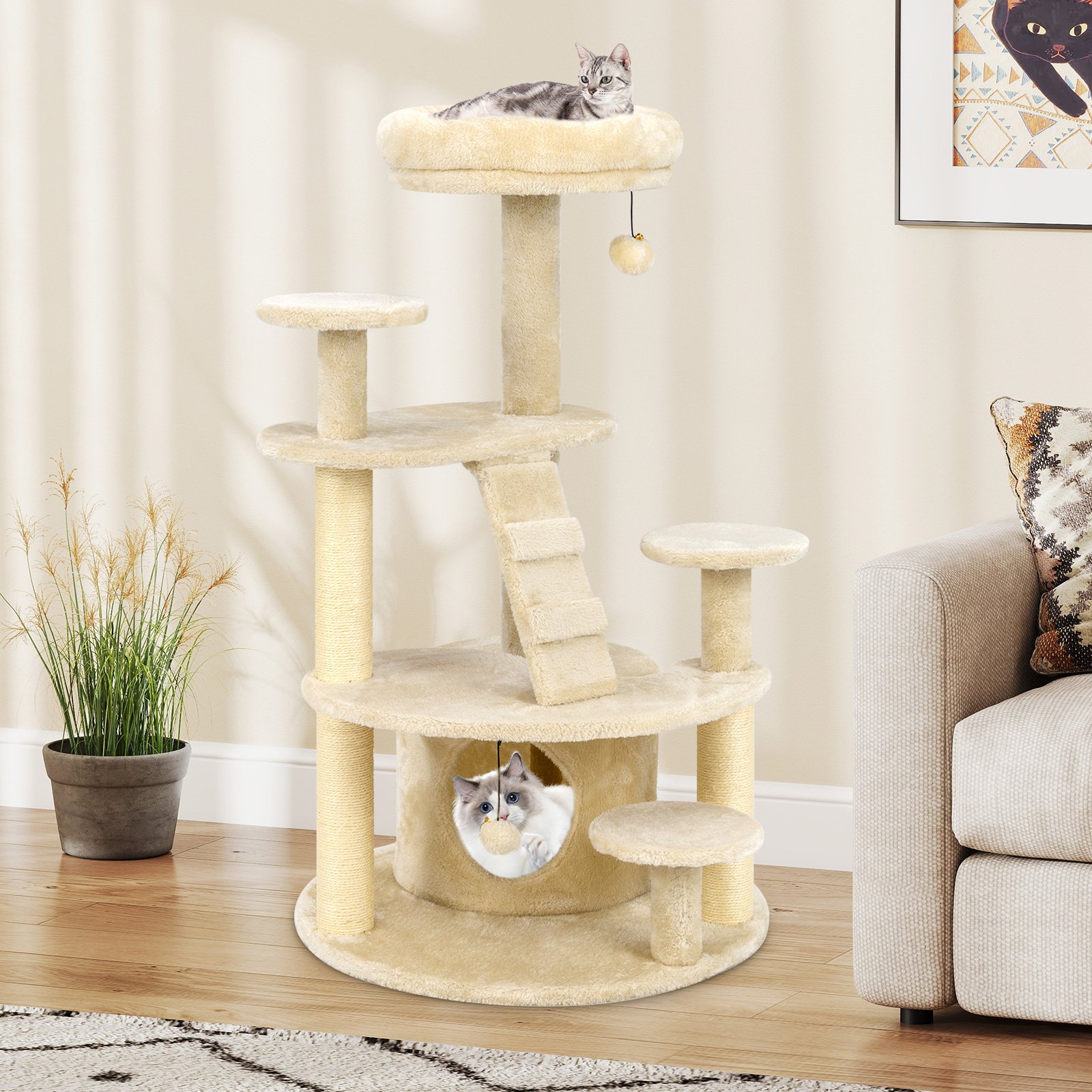Katzenturm für erwachsene Katzen mehrstufiger Kletterbaum mit Höhle gepolstertem Sitz Beige
