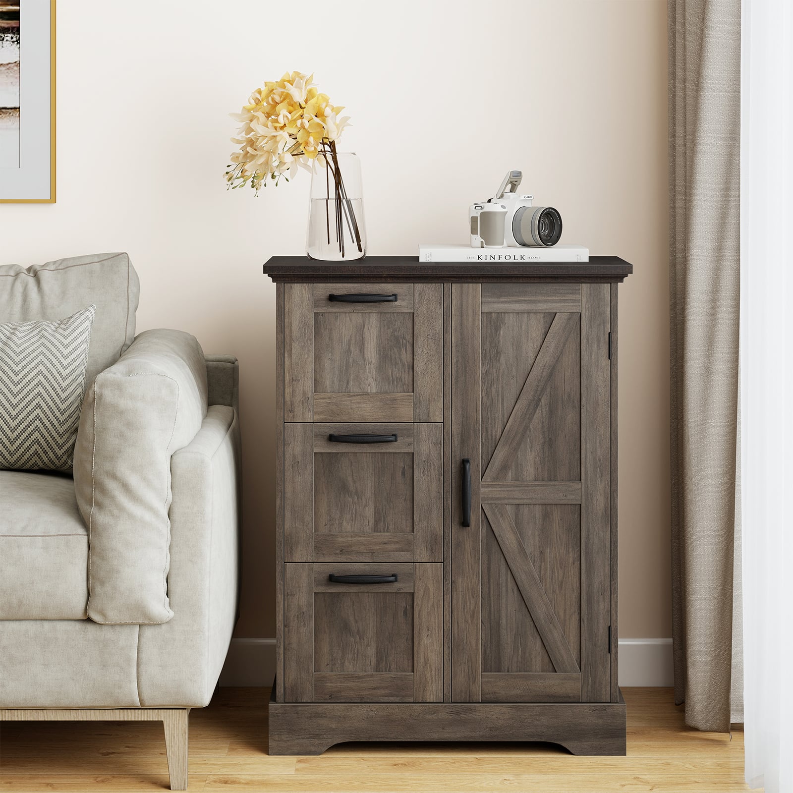 Küchenschrank Holz Landhaus Aktenschrank mit Schiebetür & 3 Schubladen freistehender Buffetschrank Grau