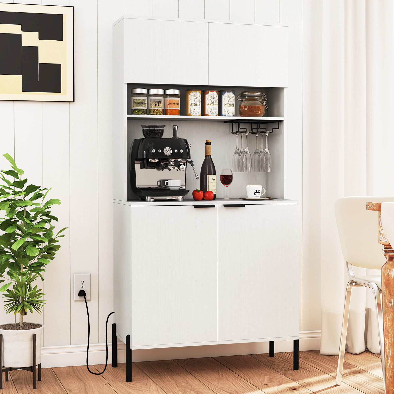 Küchenschrank mit Ladestation 164 cm hoher Weinschrank mit Weinglashalter Buffet-Sideboard Weiß