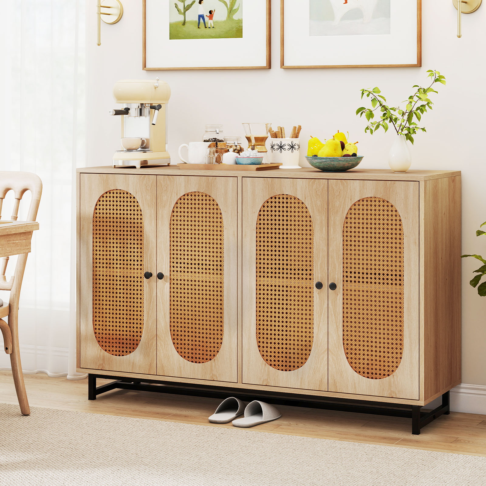 Küchenschrank PE Rattan Türen Verstellbare Regale Holz 108x38x81cm Sideboard Für Esszimmer Wohnzimmer Küche Natur