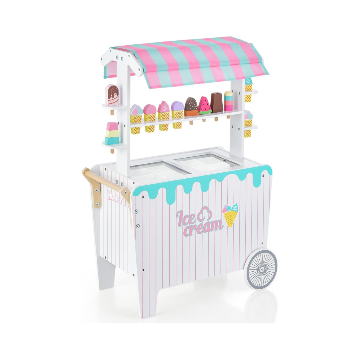 Kinder-Eiswagen Spielzeug-Eiscreme und Food-Truck mit 2 großen Rädern 65 x 31 x 87 cm