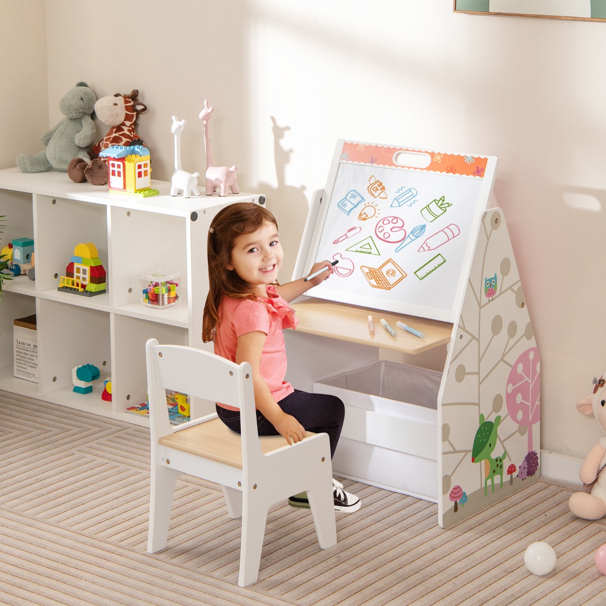Doppelseitiges Kindertisch & Stuhl-Set mit Magnetischer Tafel & Whiteboard & Bücherregal Weiß