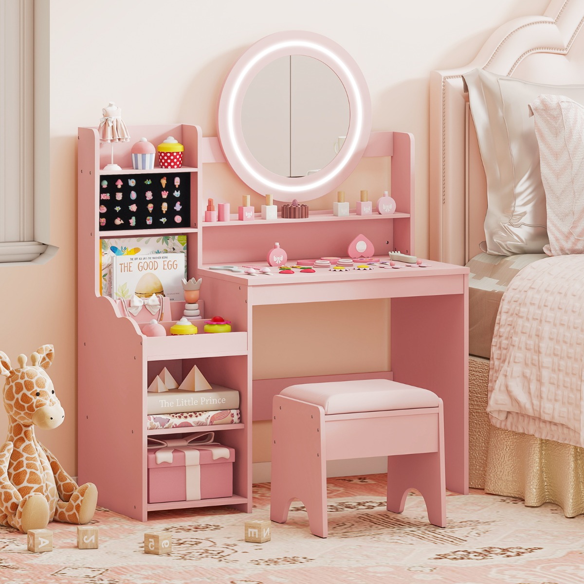 Kinder Schminktisch mit Spiegel & Licht Prinzessin Spieltisch mit Regal Ringschlitzen & gepolstertem Hocker Rosa