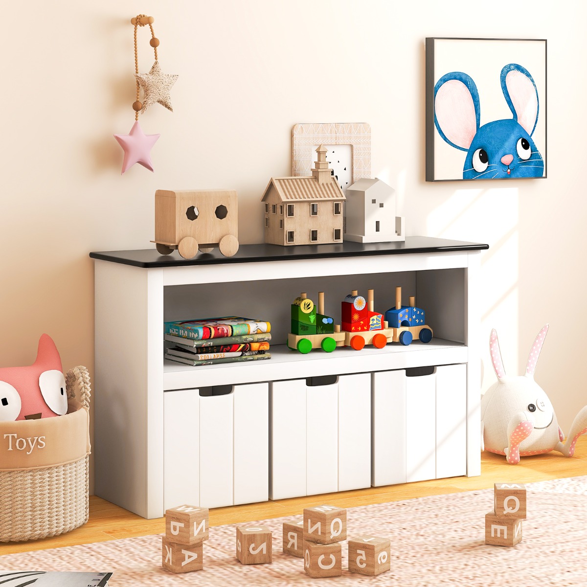 Kinder Spielzeugschrank Kinderregal Kommode mit 3 Schubladen & Rollen 102 x 33 x 62 cm
