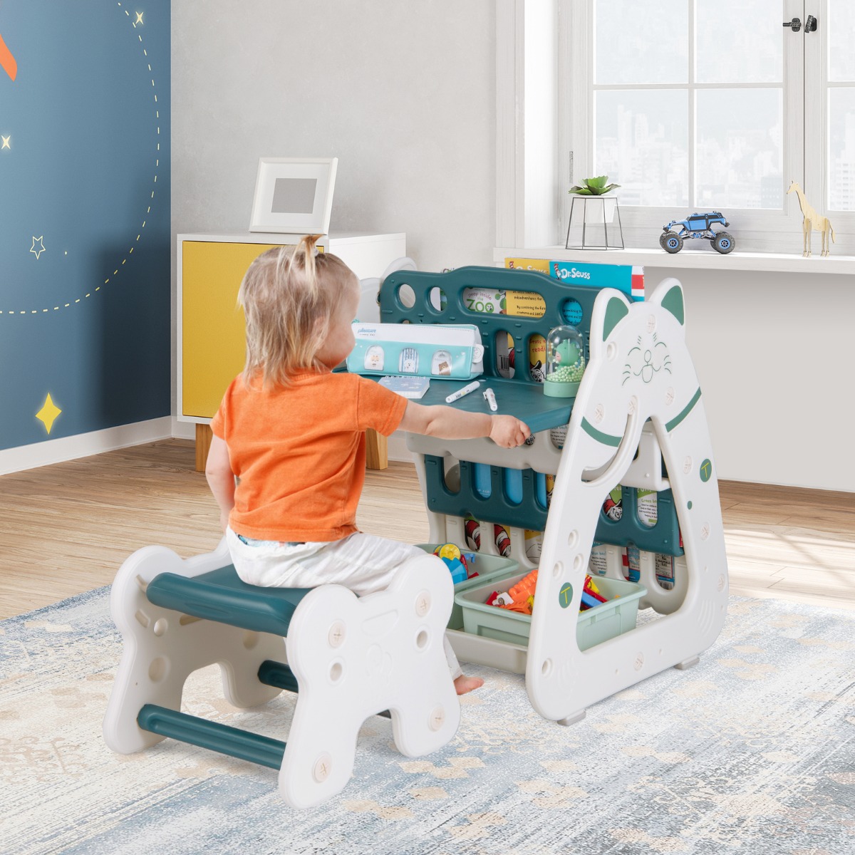 Kinderstaffelei mit Hocker 3-in-1-doppelseitige Tafel mit umgedrehtem Schreibtisch 56 x 54 x 63 cm