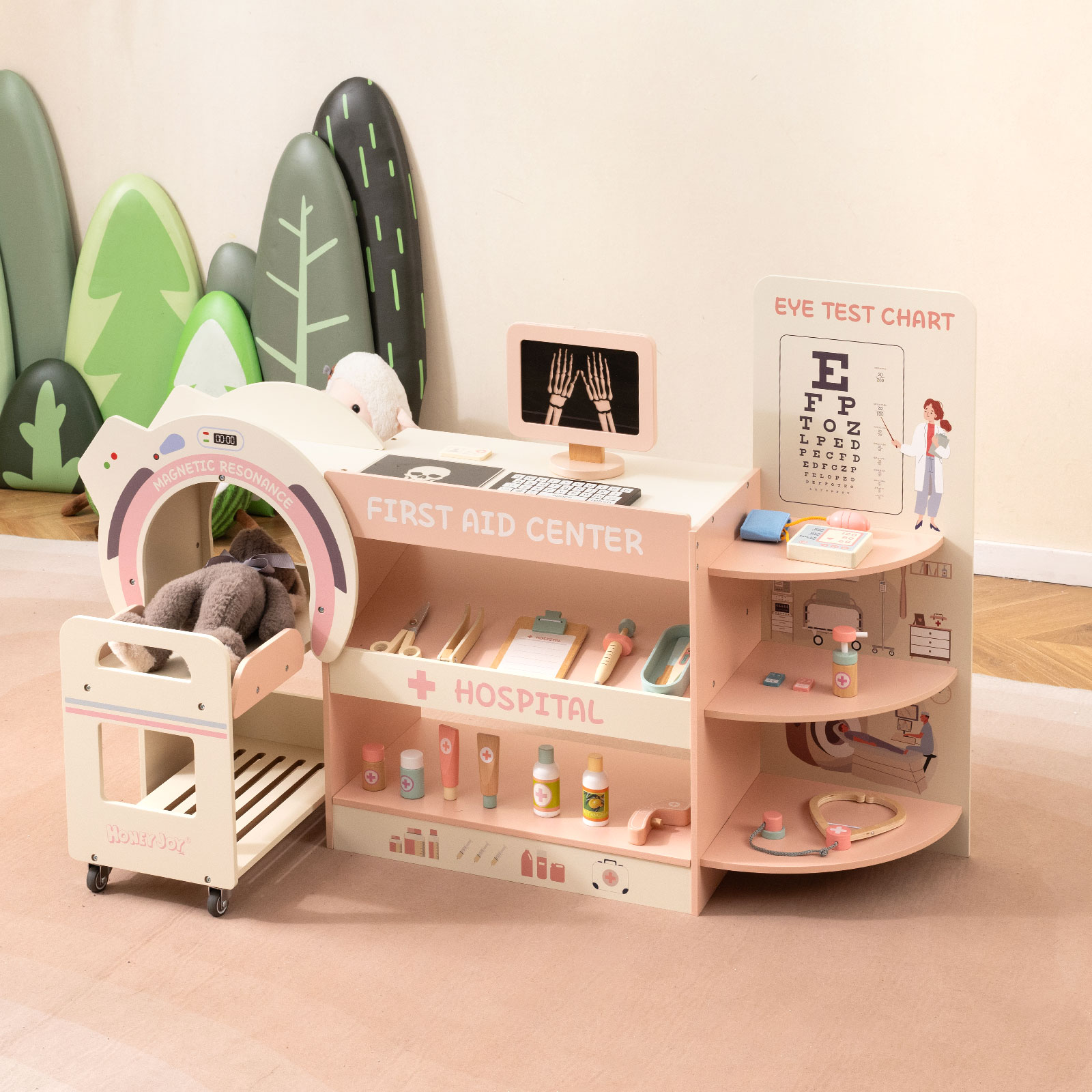 Kinder Arzt Spielset mit Sehtafel & Spielzeug-CT-Gerät Holz Krankenhaus Rollenspiel Kit Rosa