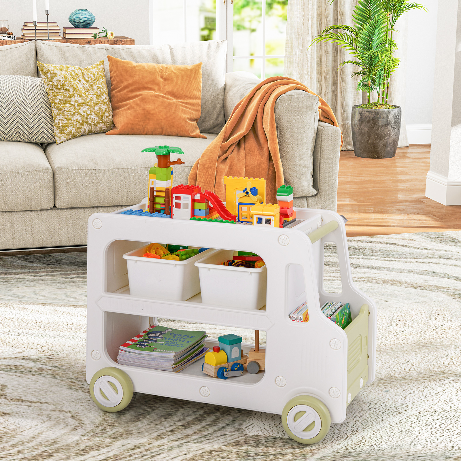 Kinder Autoförmiger Regal mit 2 Aufbewahrungsboxen Spielzeugregal Kinderregal Weiß