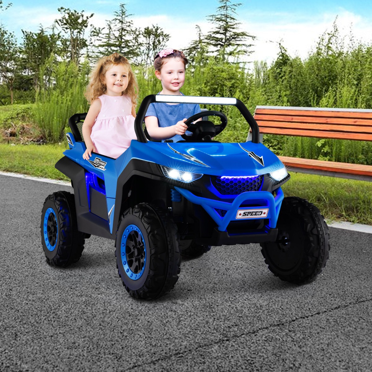 2 Sitzer 12V Kinderauto mit Musik und Scheinwerfer Jeep Auto 118 x 74 x 71 cm-Blau