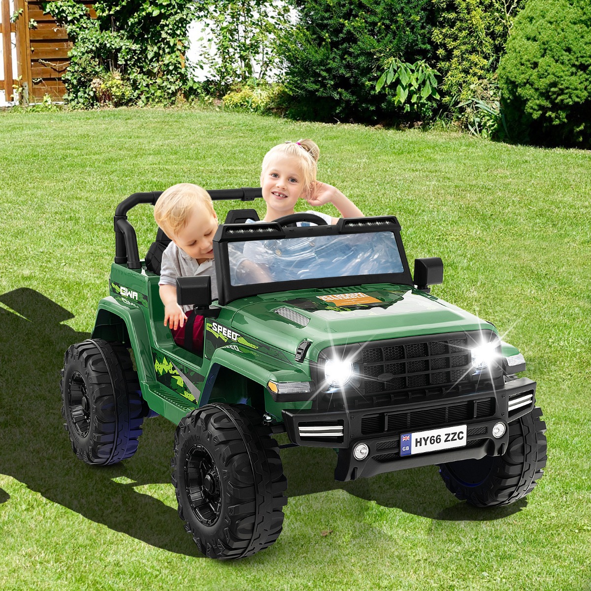 24V 2 Sitzer Kinder Elektroauto mit Fernbedienung & Musik & Hupe & LED-Leuchten Kinderauto Grün