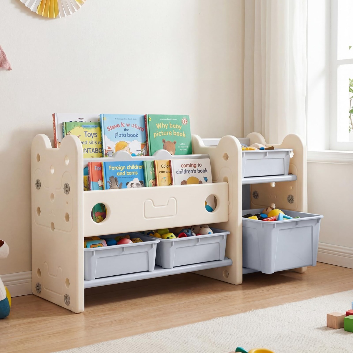 2 in 1 Kinder Spielzeugregal mit Bücherregal 2-stufiges Kinderbuchregal mit 4 Aufbewahrungsboxen Weiß