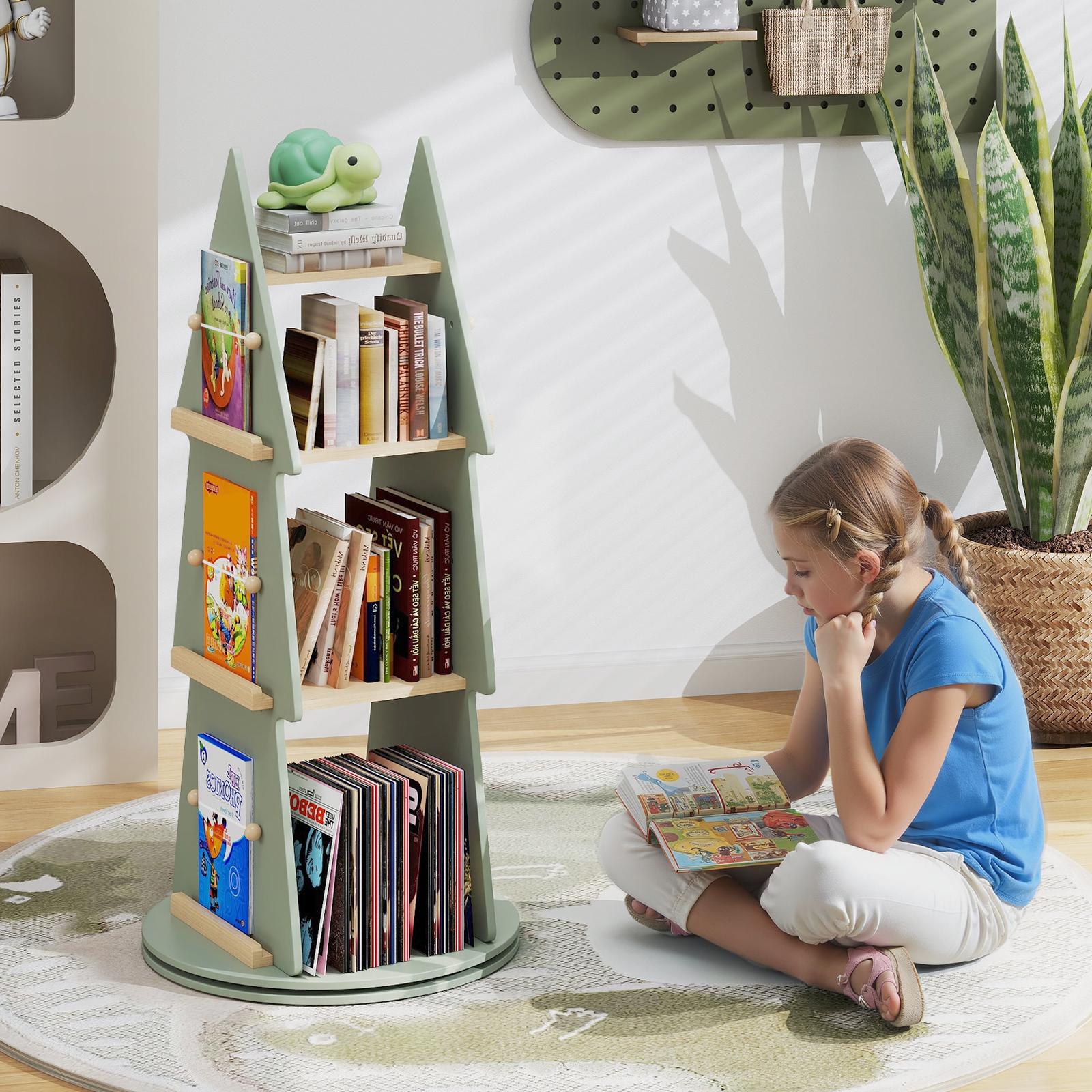 Kinderbücherregal 360° drehbar Kinder Bücherkarussell 4 Ebenen in Baumform Ø48 x 102 cm freistehendes Displayregal