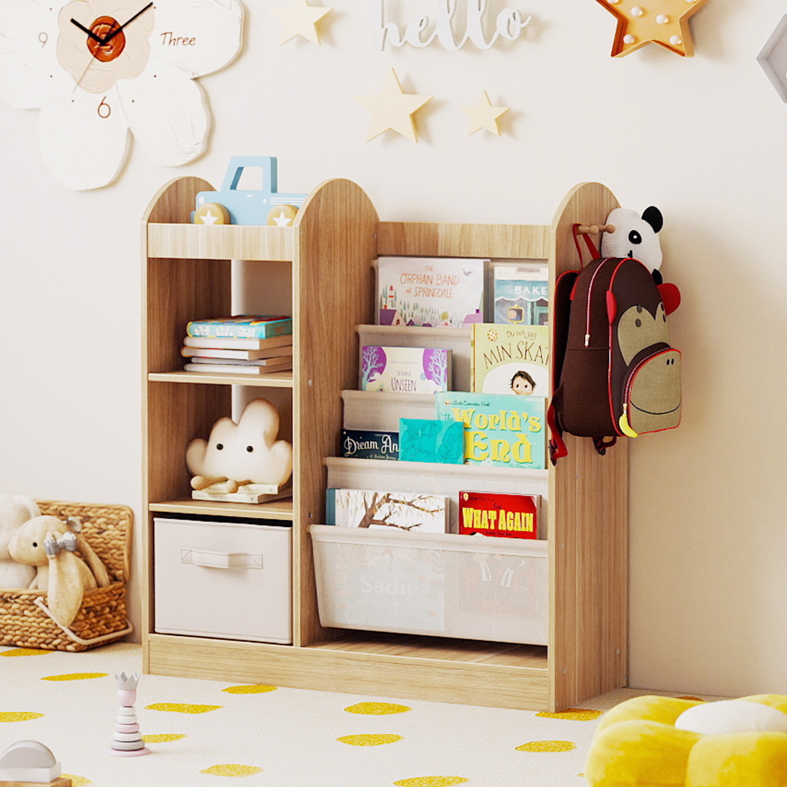 Kinder Bücherregal mit Ganzkörperspiegel Spielzeugaufbewahrungsorganizer mit 4-lagigen Sling-Regalen Natur