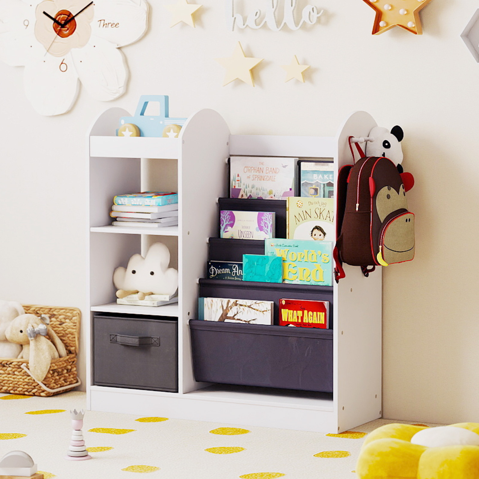 Kinder Bücherregal mit Ganzkörperspiegel Spielzeugaufbewahrungsorganizer mit 4-lagigen Sling-Regalen Weiß