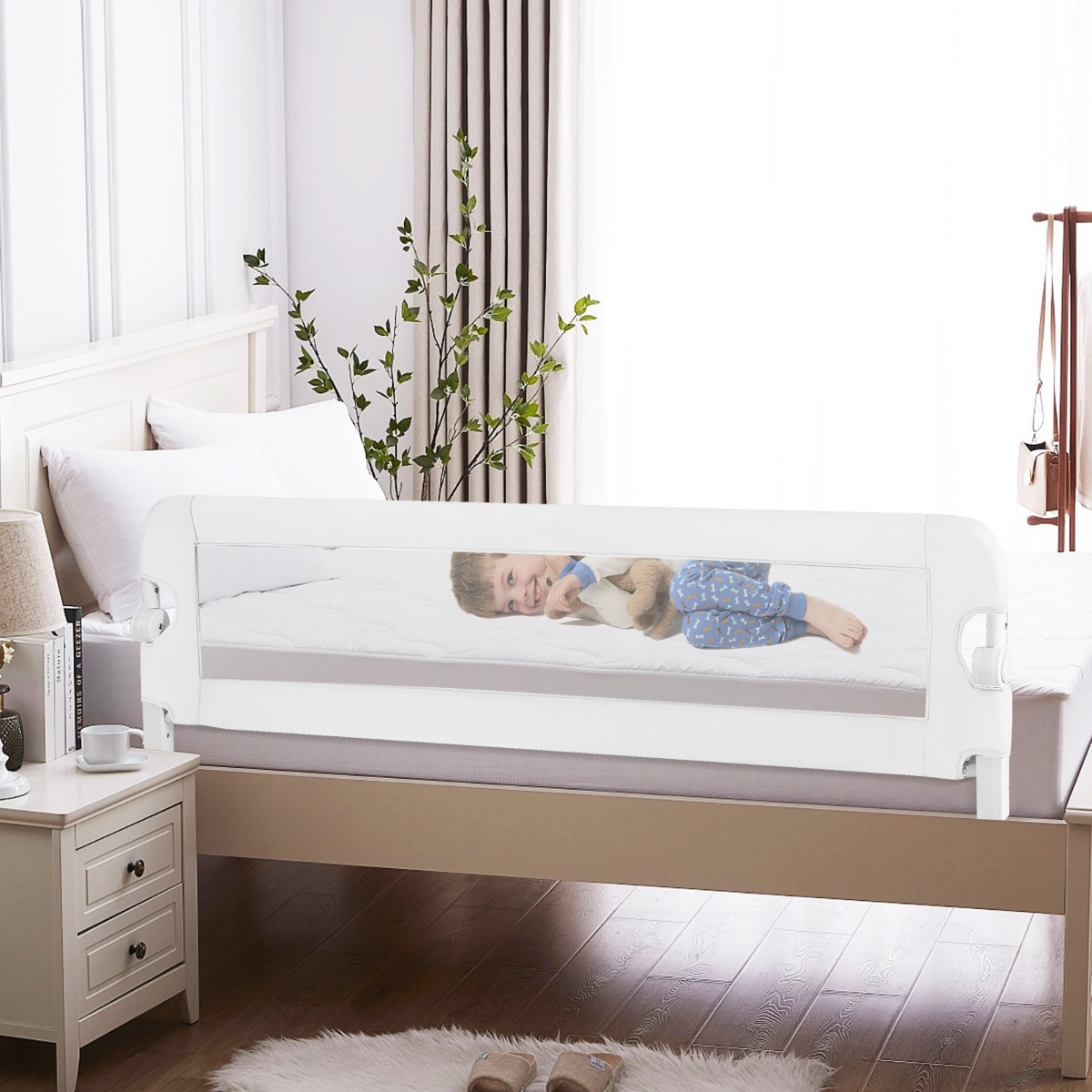Klappbares Sicherheitsgitter für Kinderbetten mit Verstellbaren Riemen 150x40,5x42 cm Weiß